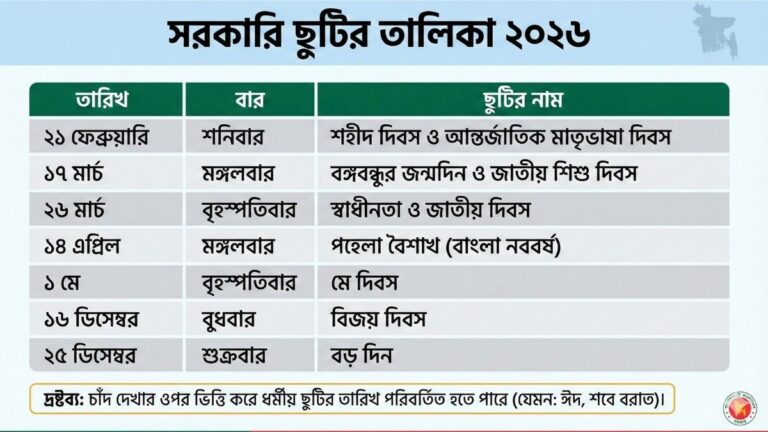 সরকারি ছুটির তালিকা ২০২৬