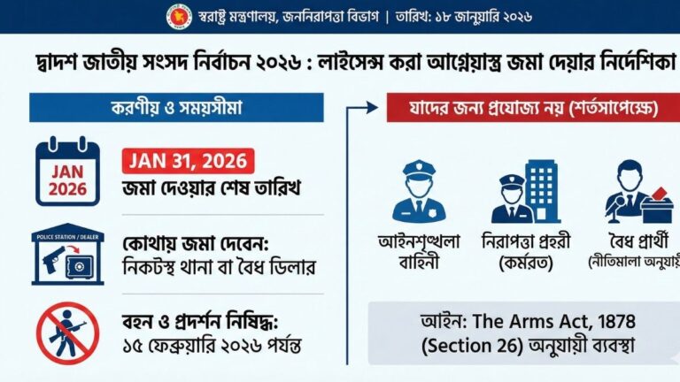 জাতীয় নির্বাচন উপলক্ষ্যে লাইসেন্স করা আগ্নেয়াস্ত্র জমা দেওয়ার নির্দেশ ও সময়সীমা