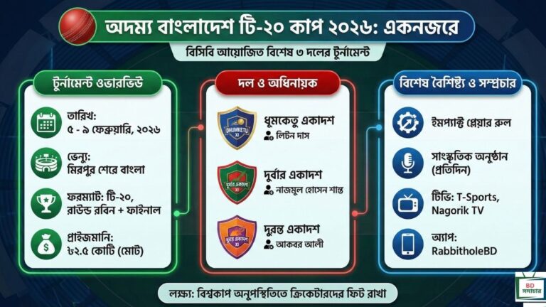 অদম্য বাংলাদেশ টি-২০ কাপ ২০২৬ সময়সূচি, দল ও লাইভ স্কোর