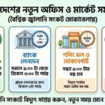 অফিস (৯টা-৪টা), ব্যাংক (৯টা-৩টা) এবং মার্কেট (সন্ধ্যা ৬টা)