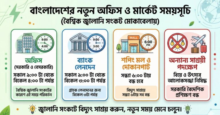 অফিস (৯টা-৪টা), ব্যাংক (৯টা-৩টা) এবং মার্কেট (সন্ধ্যা ৬টা)